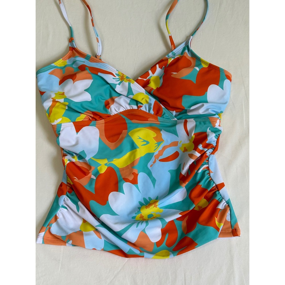 Floral Tankini Top Womensā Large Orange Teal Ruched Surplice Swimwear Padded